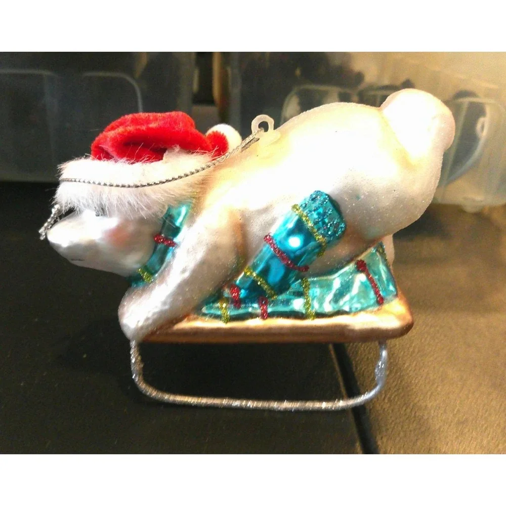 White‎ Polar Bear Blue Scarf Sledding Glass Christmas Tree Holiday Ornament